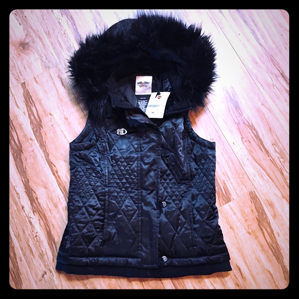 Harley Davidson quilted vest faux fur hood S